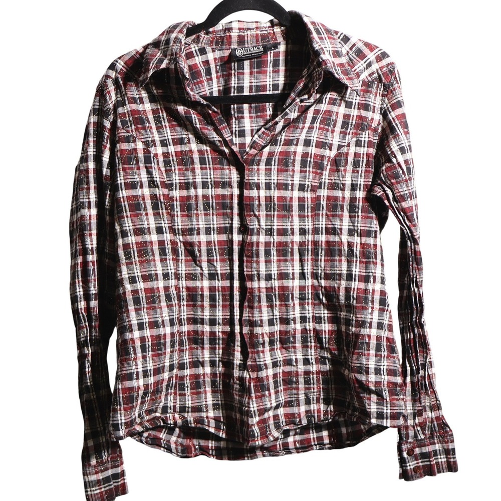 Outback Trading Co‎ Metallic Red Plaid Long Sleeve Top Womens L Western Rodeo